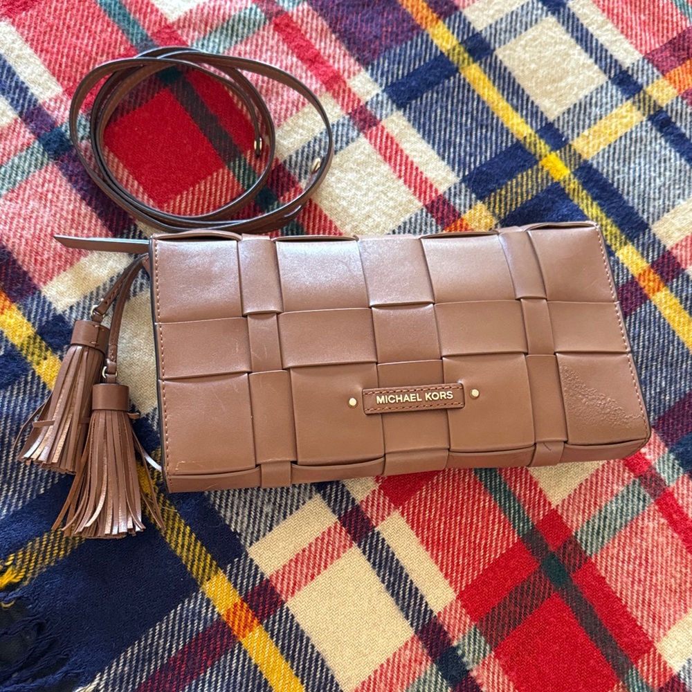 Michael Kors  Vivian Tan Woven Leather Clutch/Crossbody
